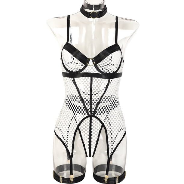 Falda sexy europea y americana de 3 piezas con costura de malla grande y anillo de acero para el cuello y la pierna, ropa interior 3367