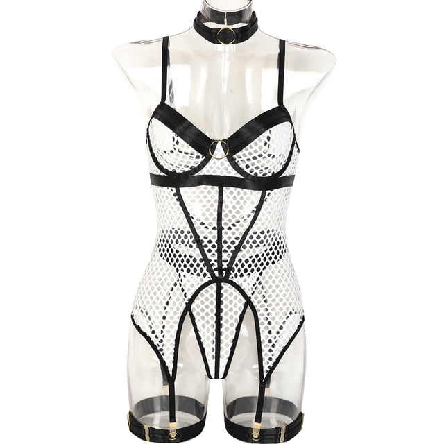 Falda sexy europea y americana de 3 piezas con costura de malla grande y anillo de acero para el cuello y la pierna, ropa interior 3367