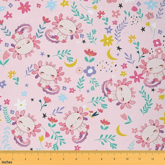 Feelyou Axolotl Fabric by the Yard 1 Yard for Teens, Rustic Floral Print Sewing Fabric, Cartoon Animal Home Decor Fabric by the Yard, Ultra Soft Home Decor