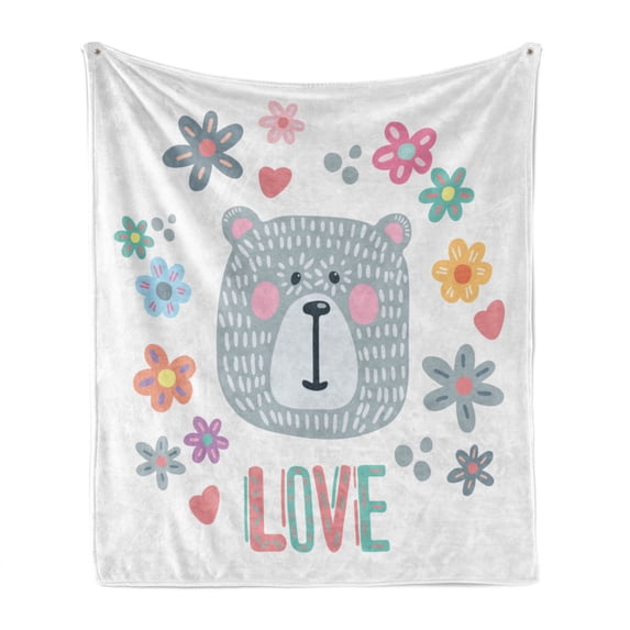 Polar Bear Soft Flannel Fleece Throw Blanket, Funny Doodle Bear Face with Funny Spring Flowers Kids Nursery Hand Drawn Art, Cozy Plush for Indoor and Outdoor Use, 60" x 80", Multicolor, by Ambesonne