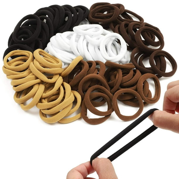 100-Pack Seamless Cotton Hair Ties, Bulk High Elastic Hair Bands, No Crease  No Metal Ponytail Holder Accessories for Women Girls, 5 Colors in Brown  White Black 