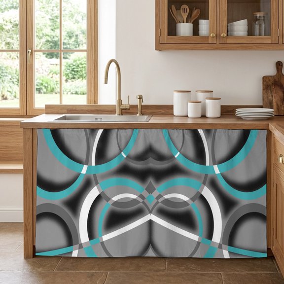 Cabinet Curtain 32''W x 55''L,Turquoise Geometric Under Sink Curtain Drapes,Grey Classic Abstract Lines Striped Self Adhesive Cabinet Skirt for Kitchen/Bathroom Vanity/Laundry Room/Open Shelf/Pantry