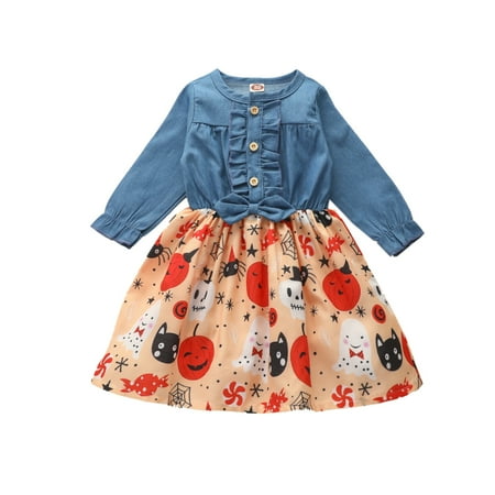 

Girls Fashion Denim Stitching Dress Casual Round Neck Single-breasted Long-sleeved Children Dress