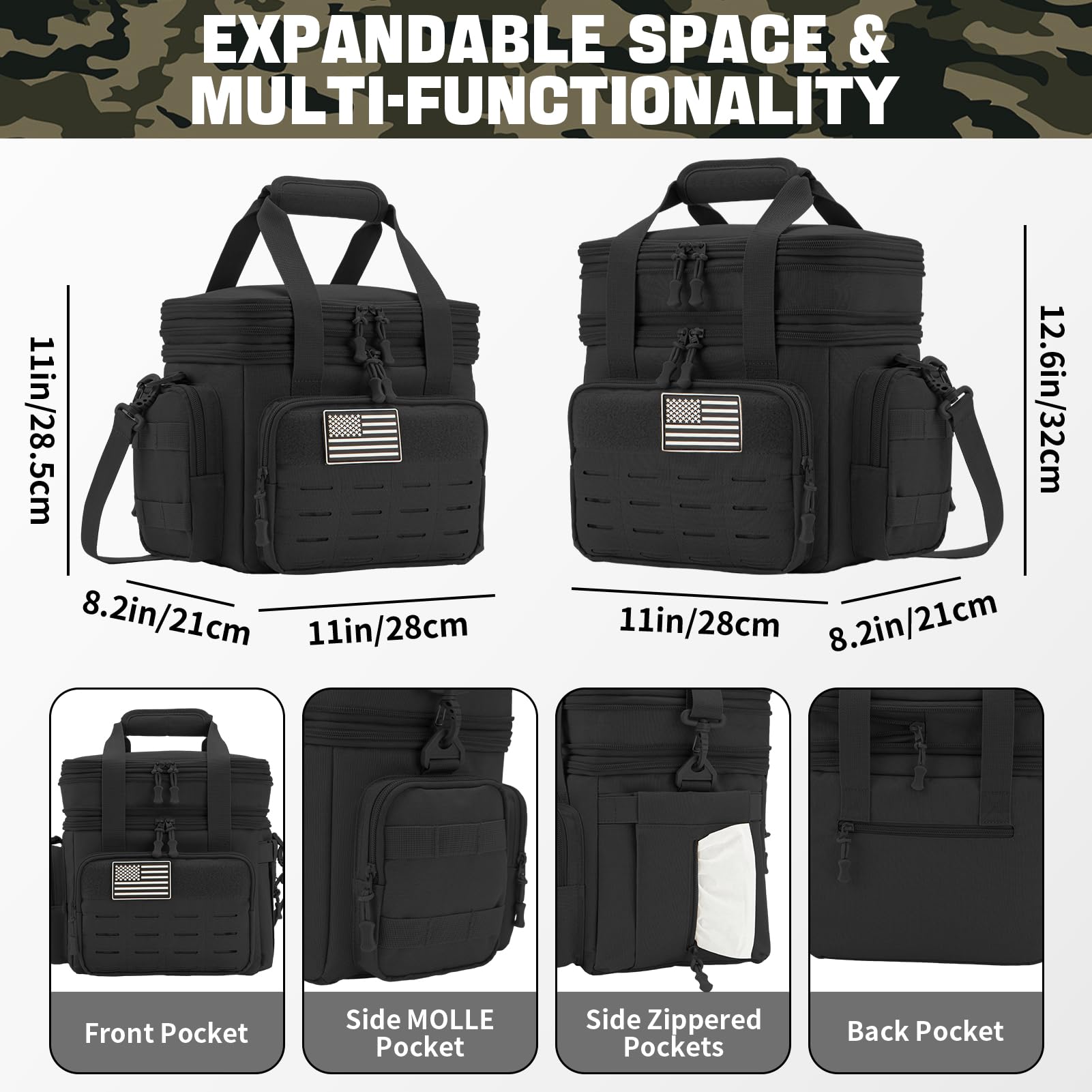 Haadid Tactical Lunch Box for Men Expandable 18L Heavy Duty Military Insulated Cooler Bag, Leakproof Thermal Lunch Bag for Work Camping Outdoor Picnic Pail Adult Meal MOLLE Webbing Black