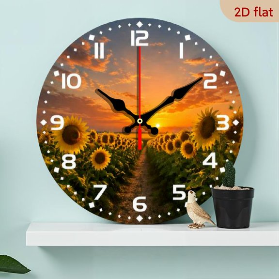 10-inch Circular Clock, Sunflower Field Art Wall Decor, Rustic Pastoral Style, Silent Quartz Wood Timepiece, for Bedroom, Living Room, Office, Kitchen, Bathroom, Battery Operated (Batterie