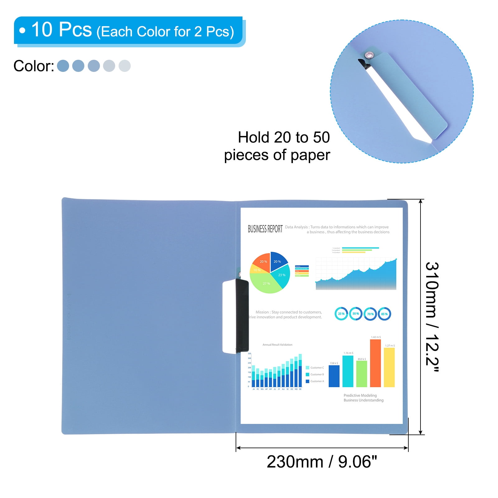 Uxcell Plastic Folders with Mid-Side Swing Clip, 10 Pcs Presentation Folders, Blue