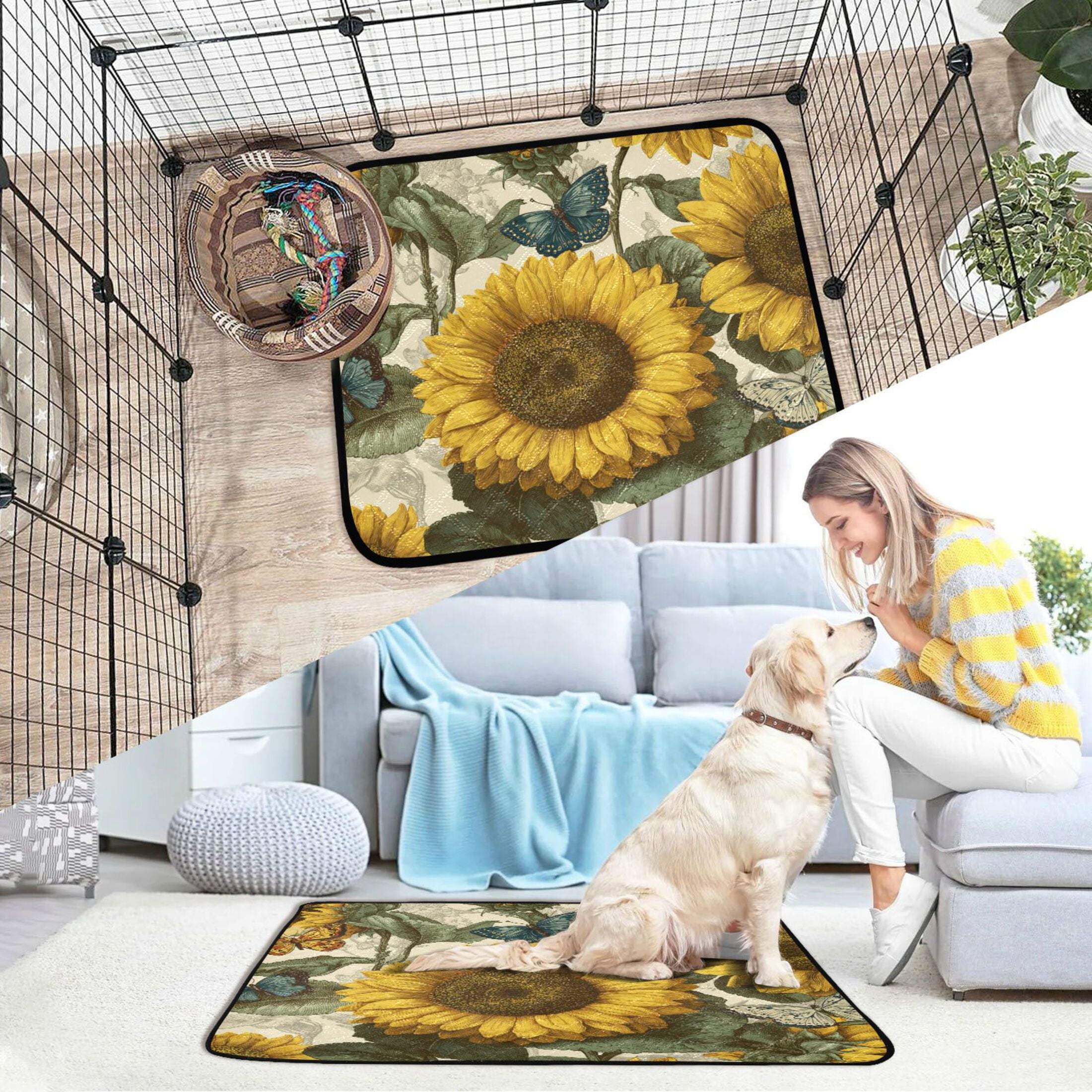 Qxltty Cyan Butterfly Sunflower Cat litter Pads Pet Set of 3 Diaper Mats Center Anti-leakage Layer Absorbent Soft and Comfortable