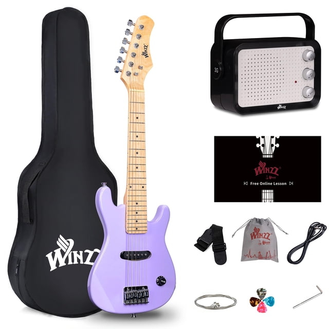 WINZZ Kit de guitarra eléctrica para principiantes de 30 pulgadas, mini guitarra eléctrica portátil con amplificador, estuche, cuerdas adicionales, púas, correa, cable y llave, color morado especial