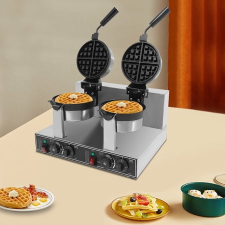 2400W Silver+ Black Double Head Waffle Maker Machine Adjustable Waffle Making Machine with Indicator Light