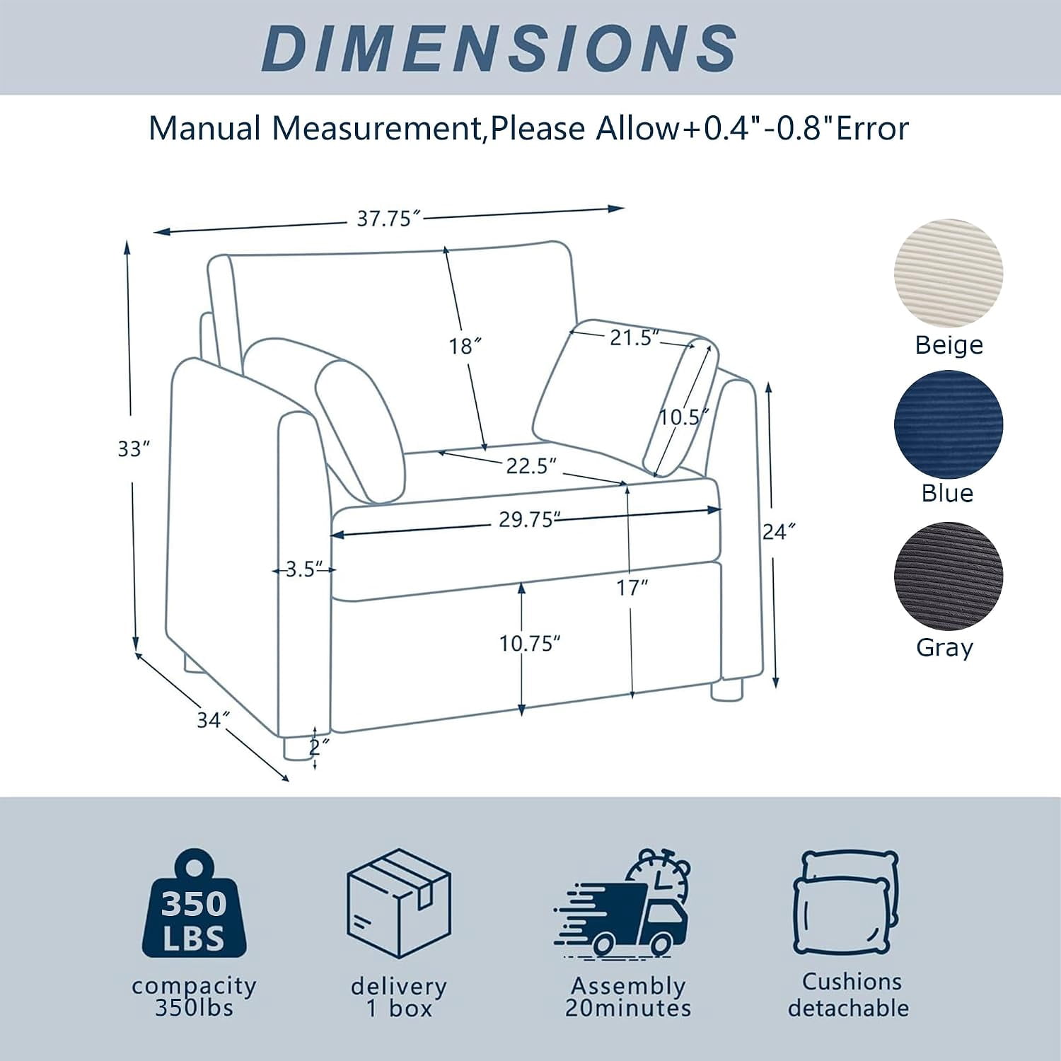 37.75" Corduroy Accent Chair, Modern Upholstered Armchair with Side Storage Pockets & 2 Pillows, Comfy Oversized Single Sofa for Living Room, Blue