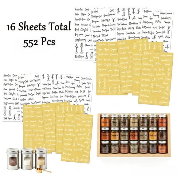 Mioerouu 16 Sheets Spice Jar Labels Set, Total552 Pcs Handwritten Script Waterproof Seasoning Stickers for Kitchen Pantry Spice Bottle Organization