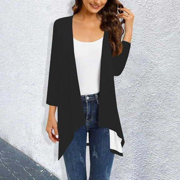 Fashion Casual Solid Color 3/4 Sleeves Cardigan, Black L, Size S-XXXL
