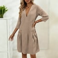 thumbnail image 2 of Feancey Women's Beach Dresses 3/4 Sleeve Linen Dress V Neck Casual Loose Midi Dresses Comfort Everyday Summer Dress with Pockets Khaki L, 2 of 8