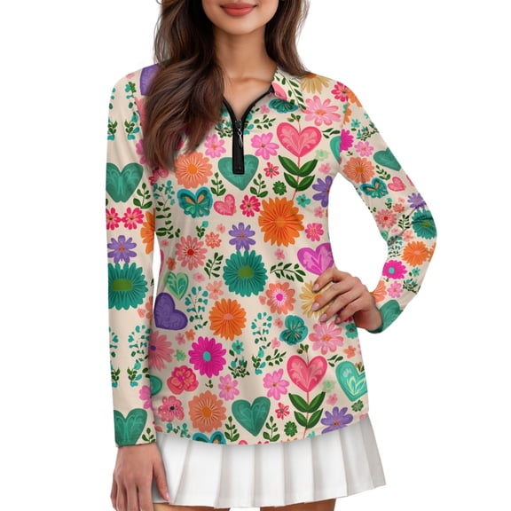 FOR U DESIGNS Colorful Floral Heart Print Collared Polo Shirt for Lady Spring Golf Apparel Long Sleeves Outdoor Shirts Moisture Wicking Daily Work Shirts for Fitness, Size X-Small