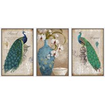wall26 - 3 Panel Framed Canvas Wall Art - Decorative Peacock Framed Canvas Art Set - Giclee Print Gallery Wrap Modern Home Art Ready to Hang - 24"x36"x3 White