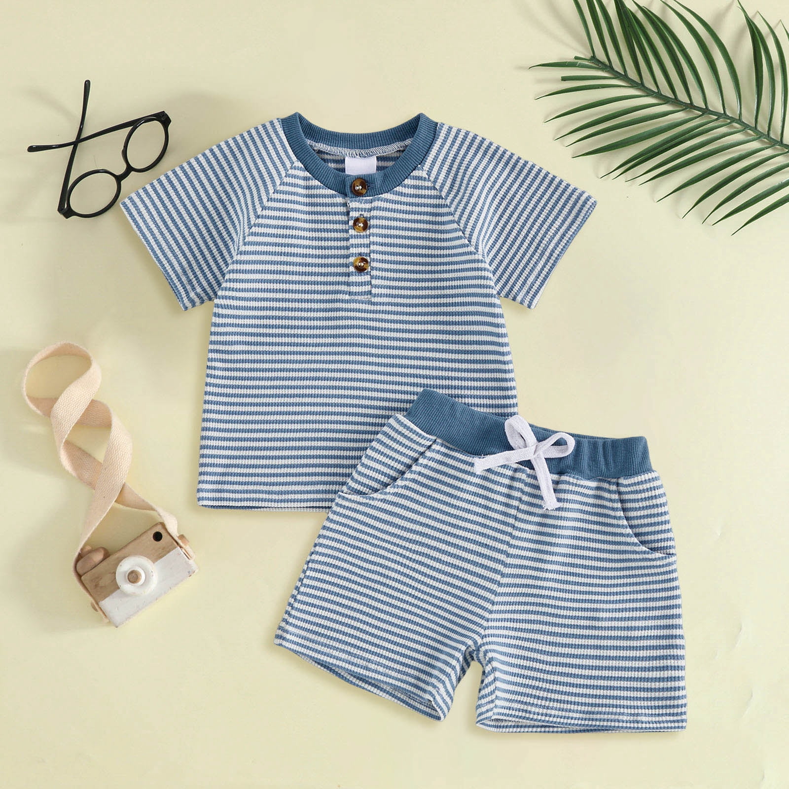 enyan Infant Boys Girls Clothes 0 6 12 18 24 Months 2T 3T 4T 5T Print Short Sleeve Crew Neck T-Shirts and Elastic Waist Shorts 2Pcs Outfits Dailywear（Blue,18-24 Months)