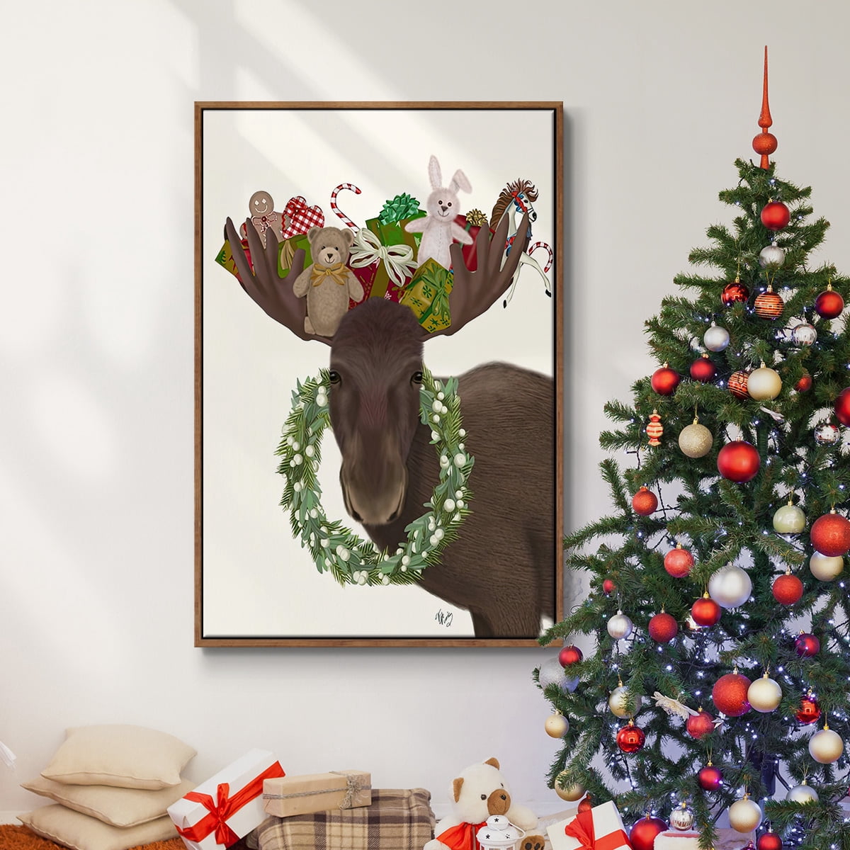 Christmas Moose and Christmas Gifts - Framed Gallery Wrapped Holiday Canvas - 27 x 41 - Rosewood Frame