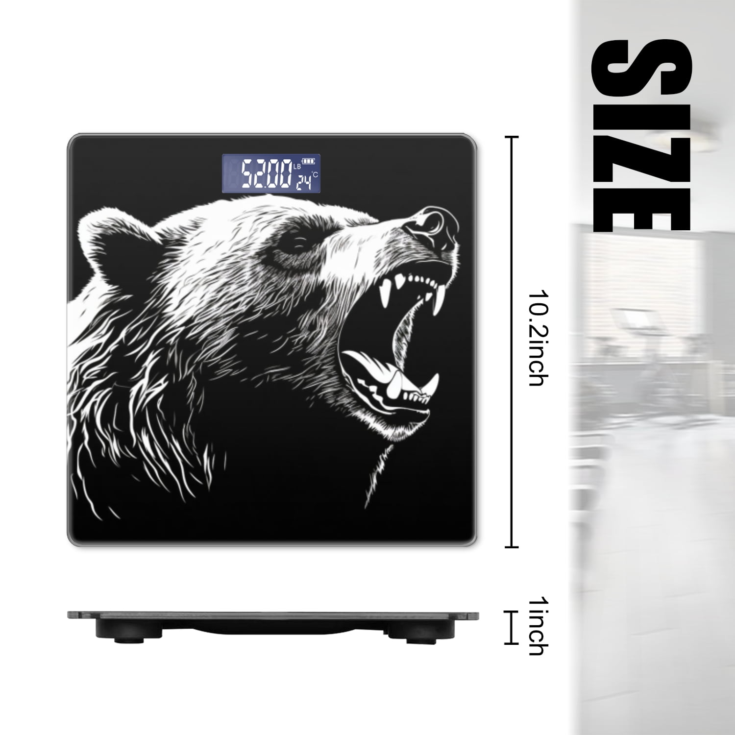 Bathroom Scale, Highly Accurate Digital Body Scale,Precisely Measures Weight up to 400 lbs-Black And White Vector Graphic Of Grizzly Bear Roaring