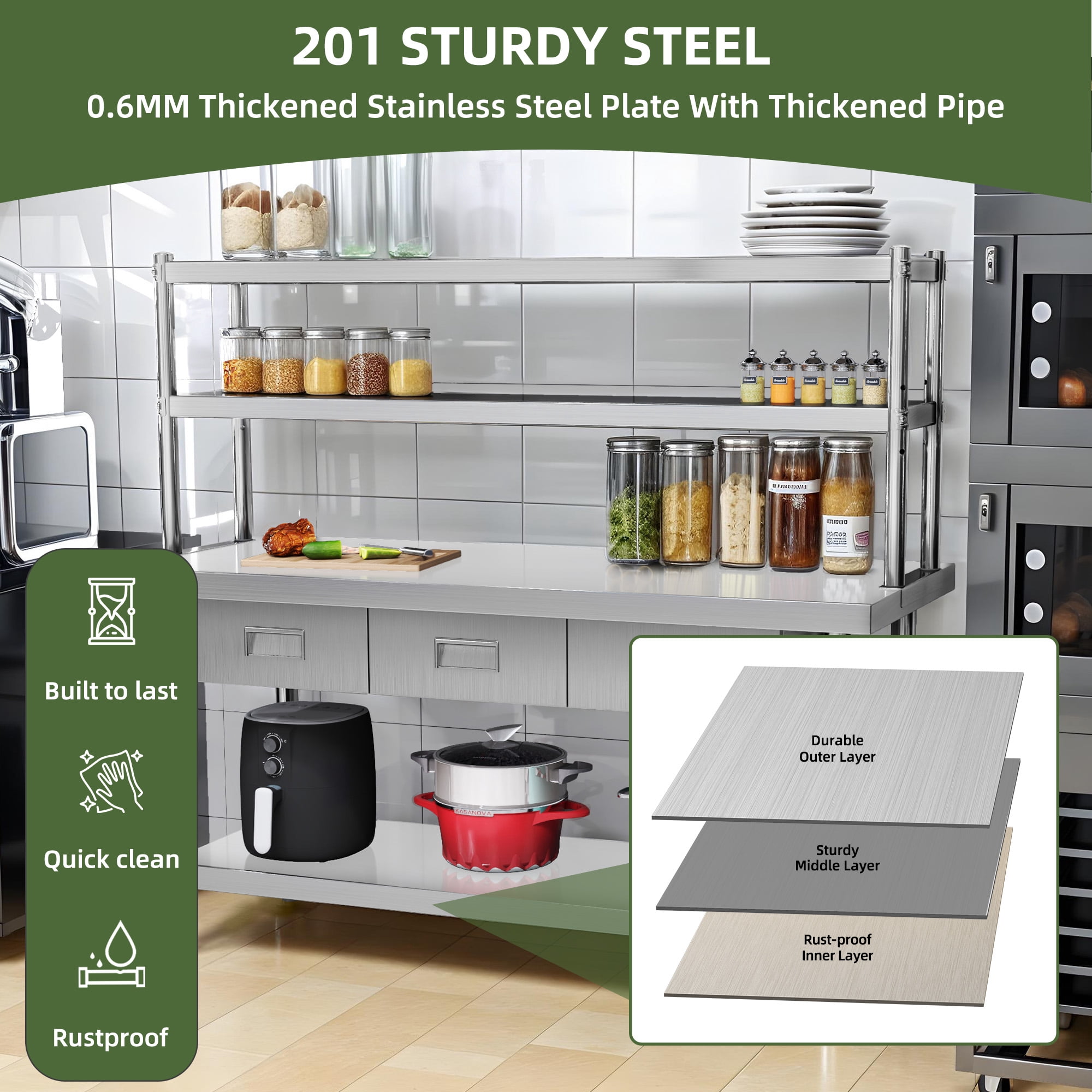 Uforic 60" X 24" Stainless Steel Table with Overshelves and 3 Drawers, Work Table with 72" X 12" Shelf & 3 Drawers, Metal Table Prep Table