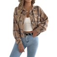 thumbnail image 4 of Wevis Women's Collared Plaid Long Sleeve Button Front Cropped Shacket with Pockets - KHAKI_L, 4 of 7