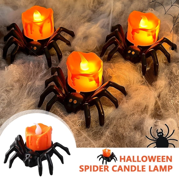 Fake Spiders Flickering Tea Lights, 1 Pack Halloween Tea Lights Candles, Flameless LED Candles Spider Tealights Spooky Electric Flickering Fake Candle for Halloween Table Home Decorations