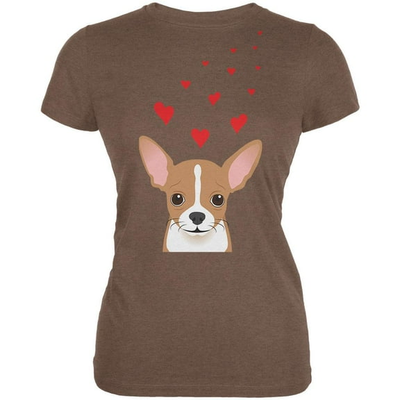 Valentine's Day Chihuahua Love Hearts Heather Brown Juniors Soft T-Shirt - 2X-Large