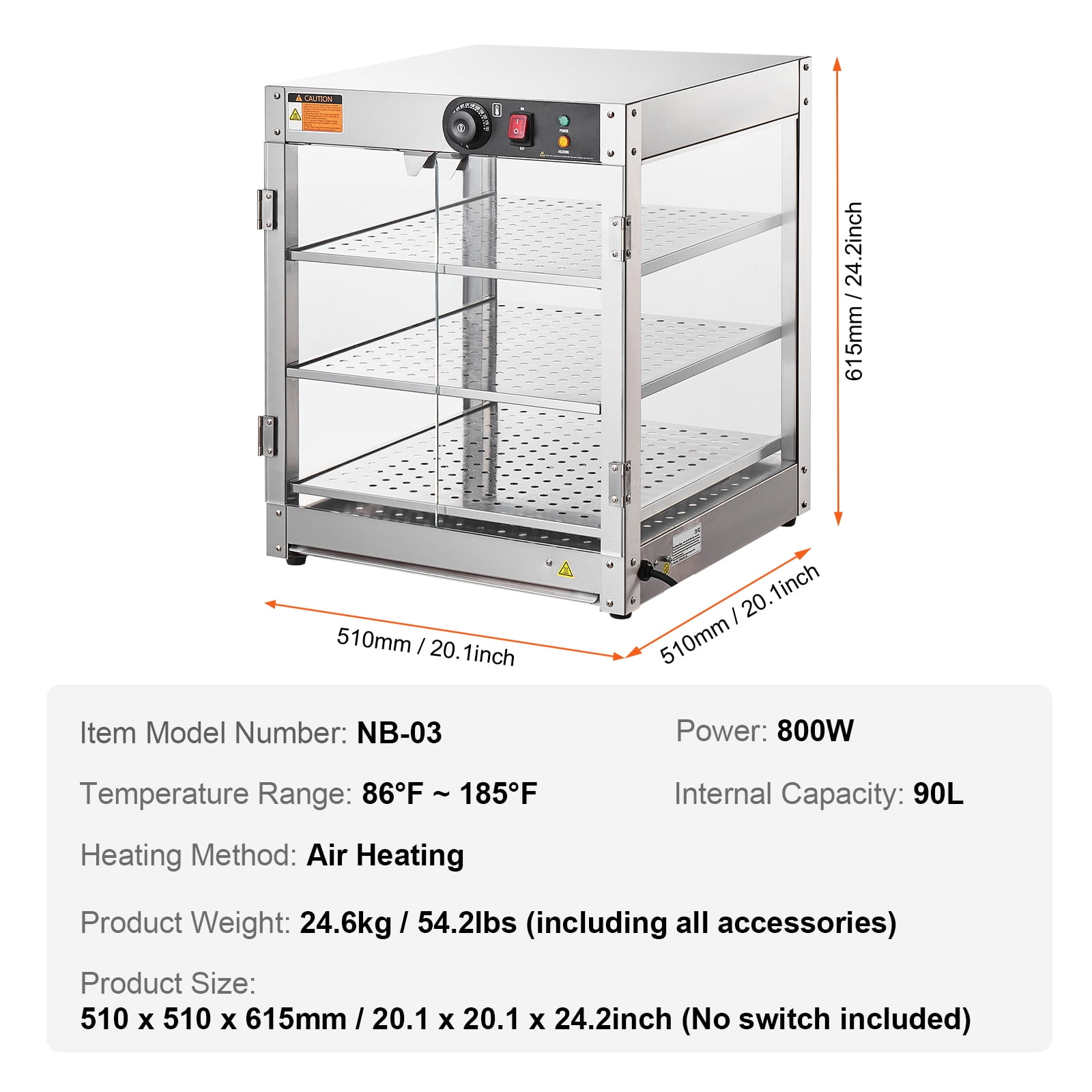 KFFKFF 3-Level Food Heating Showcase, 800W with Illumination for Improved Presentation, Adjustable Heat from 86℉ to 185℉, Spacious 90L Interior for Various Food