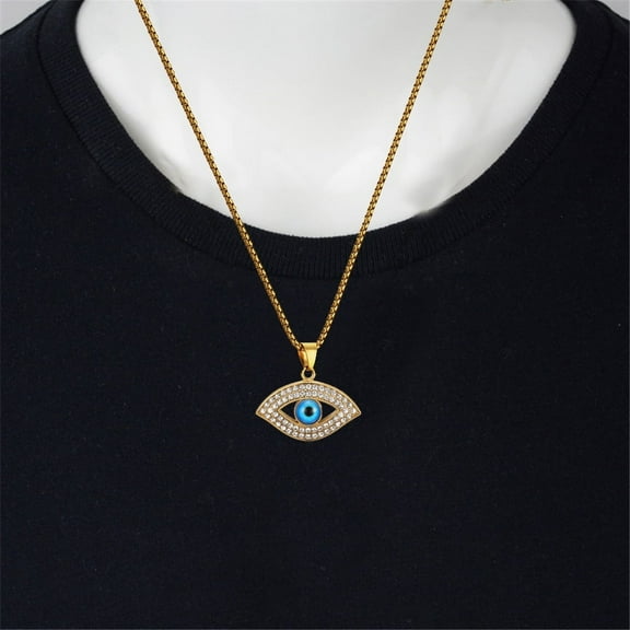 Hip Hop Iced Out Bling Blue Evil Eye Pendant 14K Yellow Gold Turkish Amulet Necklace for Women Men Party Jewelry Gift