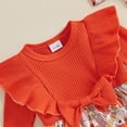 thumbnail image 5 of Ulanda Newborn Baby Girl Halloween Outfit Ruffle Long Sleeve Pumpkin Print Ribbed Romper Dress Headband 2Pcs Set (Orange, 0-3 Months), 5 of 8
