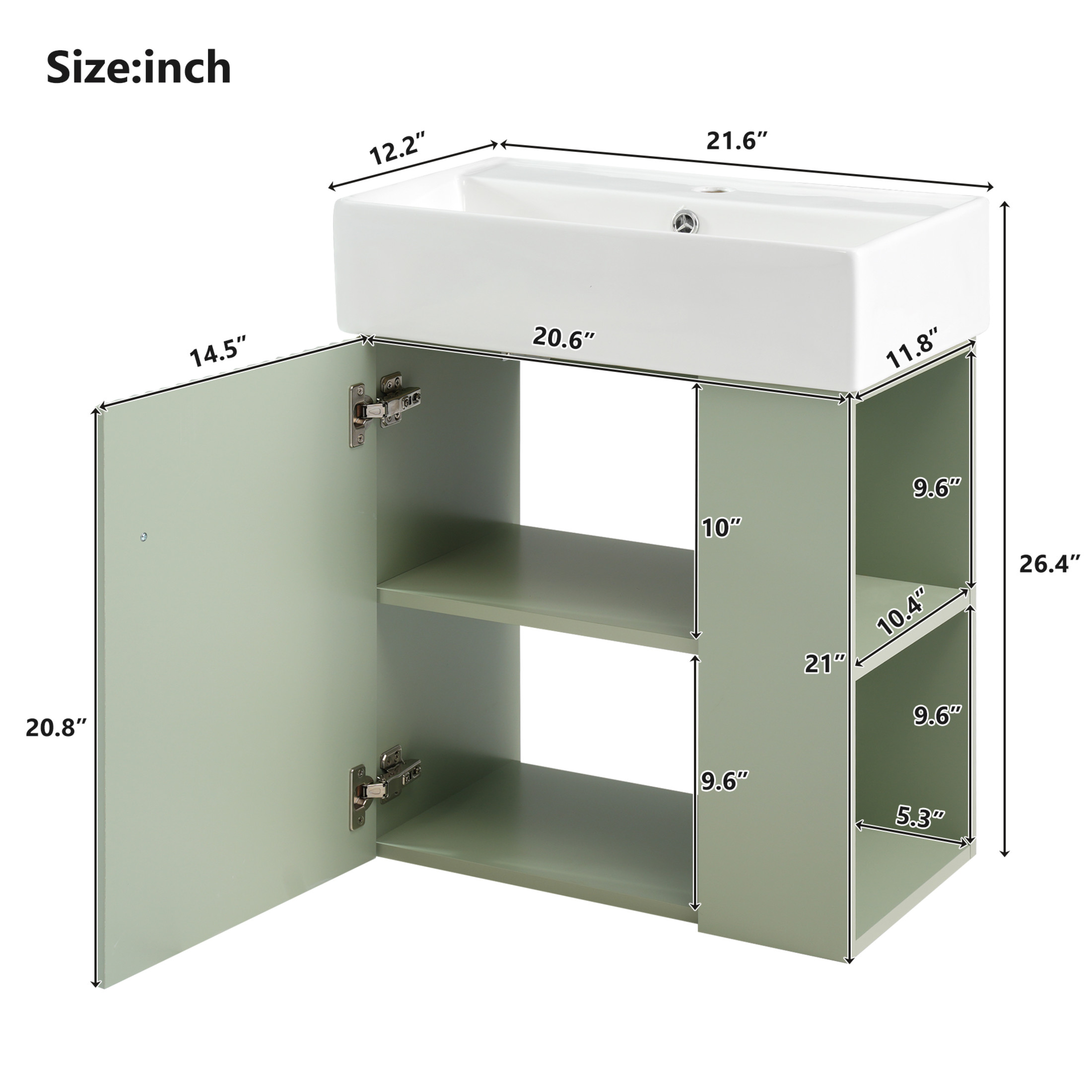 Noble House 21.6" Floating Bathroom Vanity with Ceramic Sink, Right Side Storage, Wave Door & Gold Handle, Green