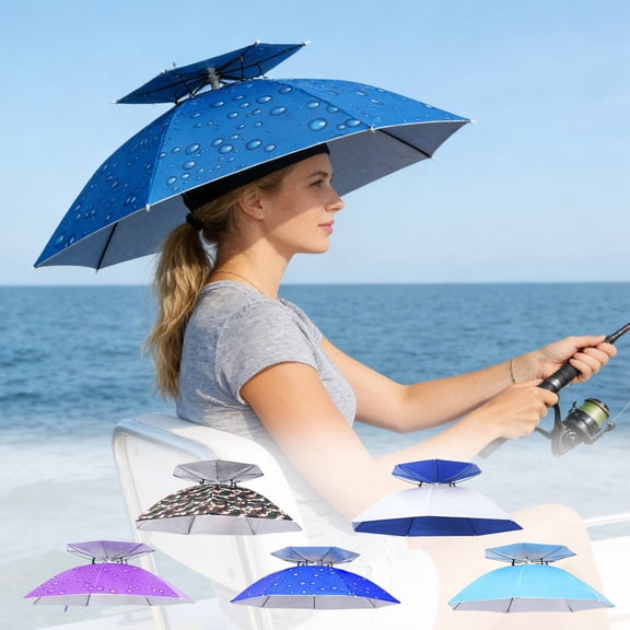 Bowayaoa Double Layer Head Mounted Umbrella Hat, Hands-Free Foldable Sun Rain Protection Hat, Windproof Ventilated Oxford Fabric Overhead Shade Cap for Fishing Outdoor Camping Working