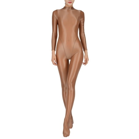Riismen Women s Stretchy Oil Glossy Bodystocking Full Body Footed Bodysuits Jumpsuit Nightwear Coffee 3XL
