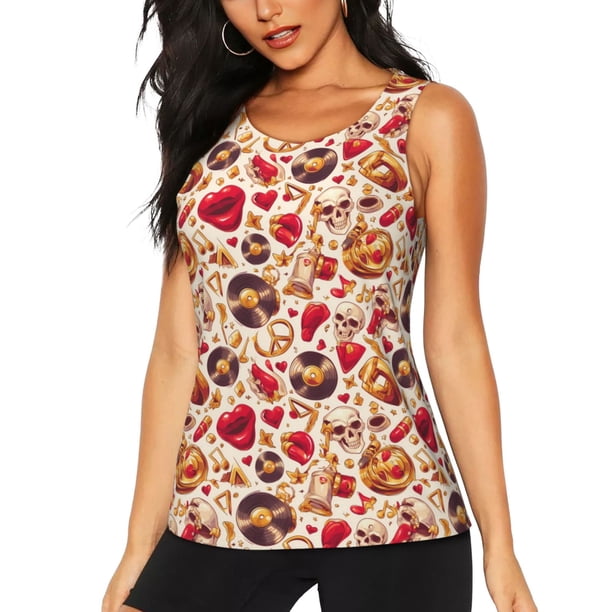 Balery Skull Retro record lips Camiseta sin mangas estampada ligera para mujer, tops de entrenamiento sin mangas, camisetas de yoga transpirables de secado rápido.-X-Large