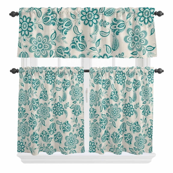 3 Piece Kitchen Curtains and Valances Set Teal Flowers Cafe Curtains 36 Inch Length Vintage Ethnic Tribe Country Farmhouse Valance & Tier Curtain for Living Room Bedroom Window 54"x18" 27"x36"*2