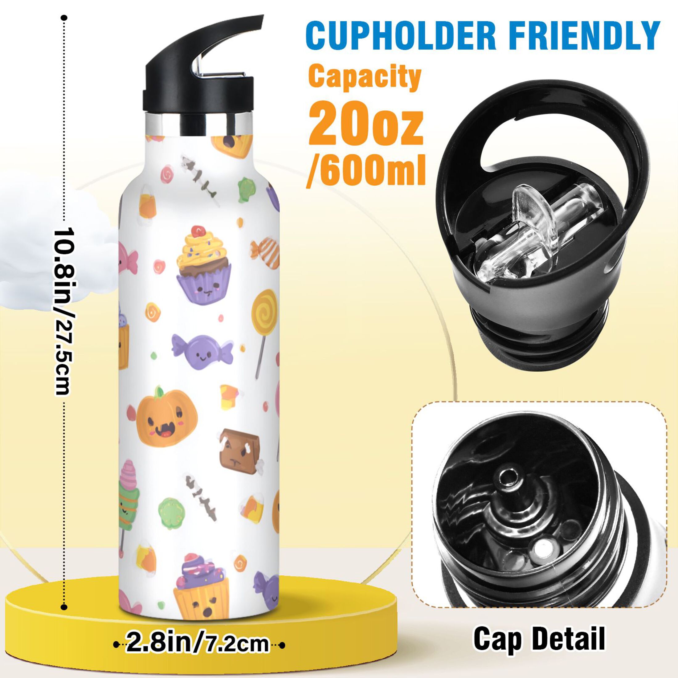Kids Insulated Stainless Steel Sports Water Bottle 600ml (20oz) Halloween Candy and Cupcakes