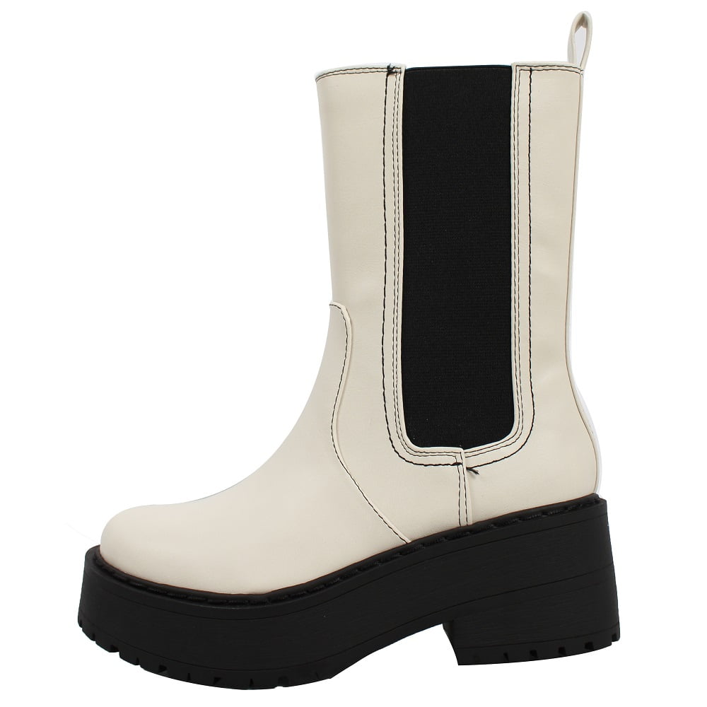 Soda Women's Chelsea Mid Calf Chunky Block Boot, White, 8.5 M US