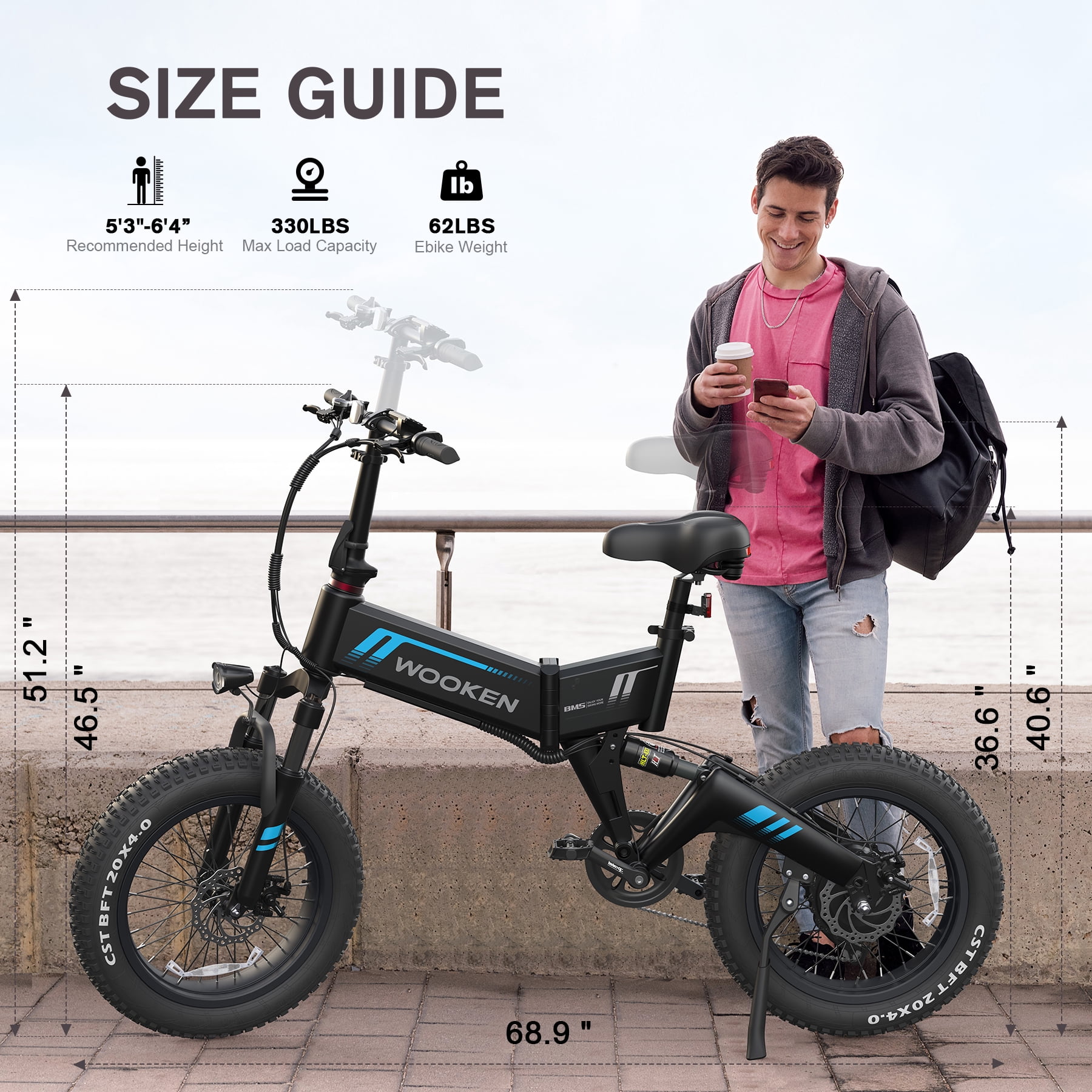 Wooken 20"X4.0 Fat Tire Electric Bike for Adults, 500W Foldable Electric Bicycle with 48V 10Ah Built-in Battery, Shimano 7 Speed, Dual Shock Absorber