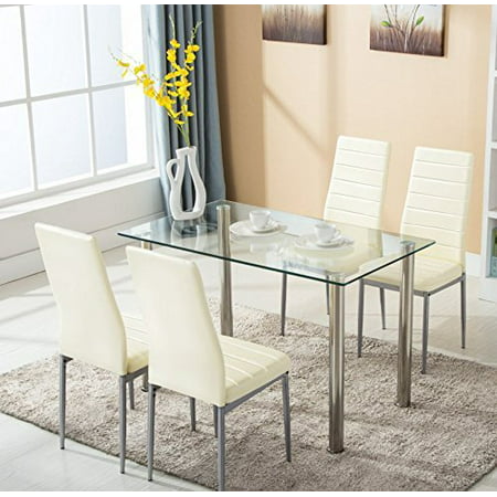 5pc Glass Dining Table with 4 Chairs Set Glass Metal Kitchen Furniture 