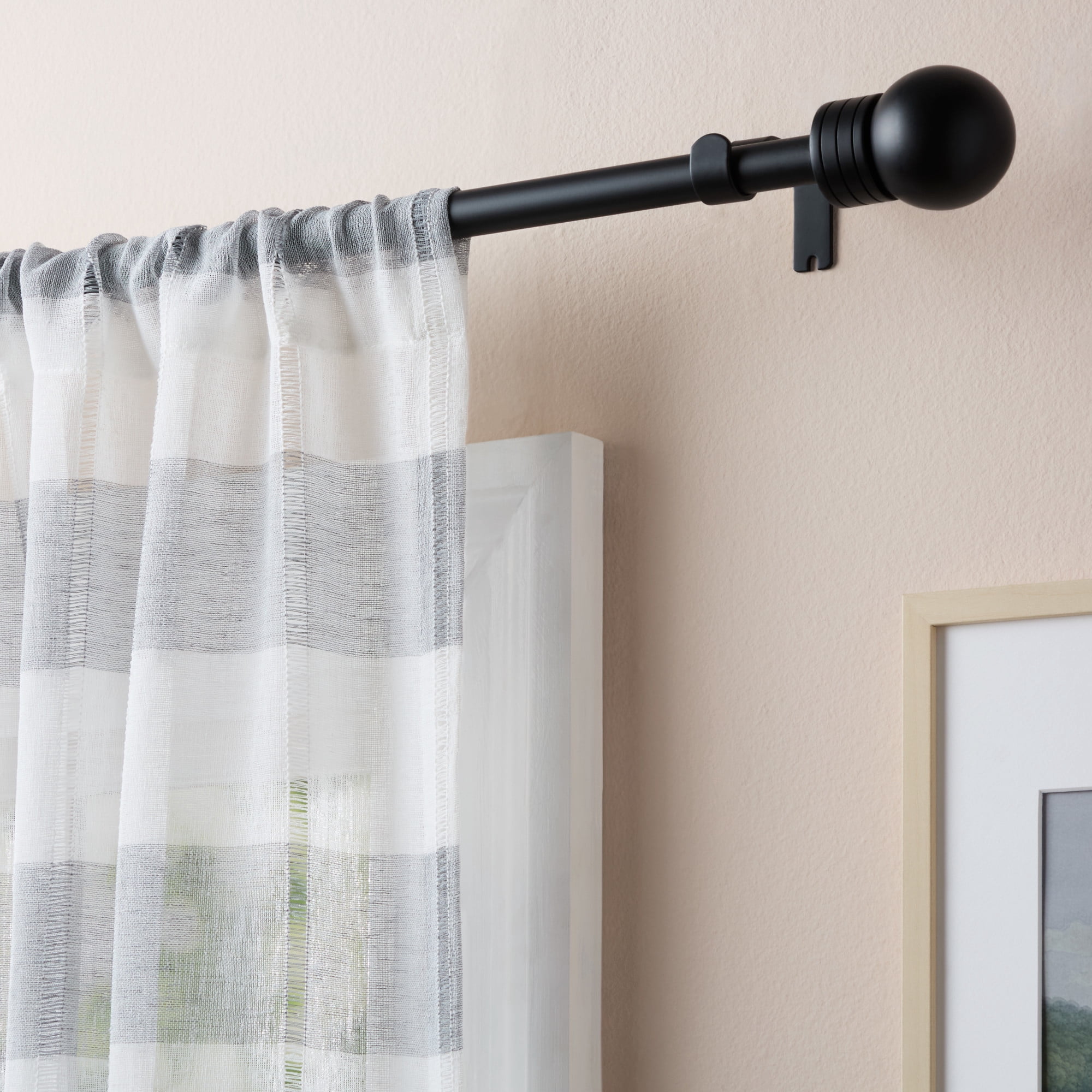 TOWN & COUNTRY BASICS Modern Sphere Single Indoor Curtain Rod and Finial Set, Easy Install Wall Mount, Matte Black, Adjustable 36”-72”