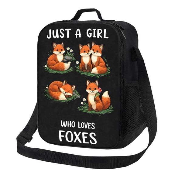 Cute Fox Pattern Lunch Bag Insulated Thermal Box with Shoulder Strap & Handle for Work and Picnic
