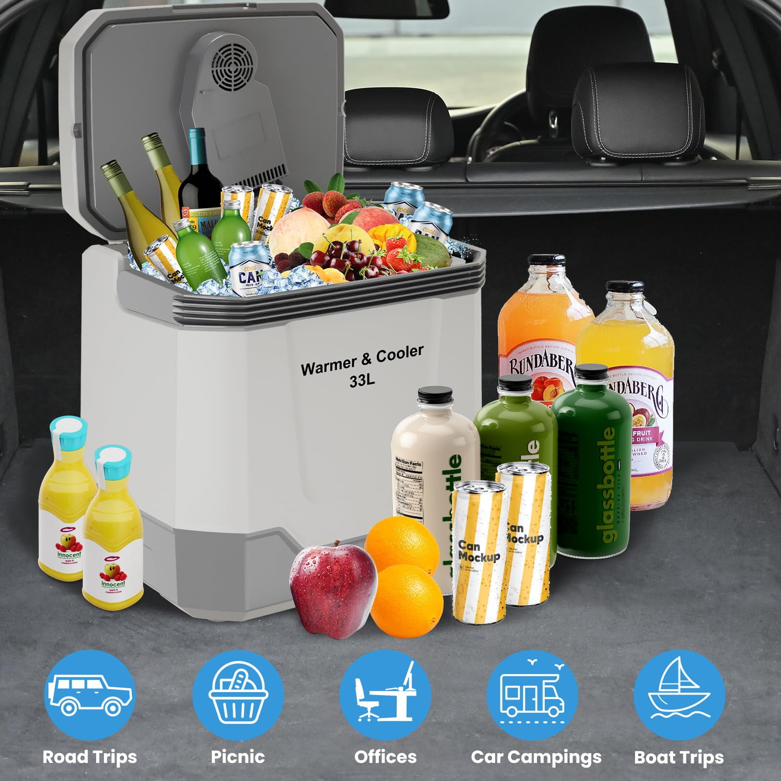 35 QT (33 L) Electric Cooler & Warmer, Portable Car Refrigerator With Automatic Locking Handle, 12V Car Cooler for Vehicle & Trucks, 110V AC Home Power Cord, Plug In Coolers, Grey