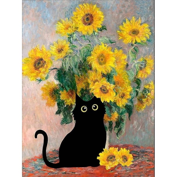 Diamond Painting Beginner Art Kit,Full Diamond Round 5D Diamond Art Kit,Gemstone Art Painting Kit,Diamond Art-Sunflower and Funny Cat, Good for DIY,Ho
