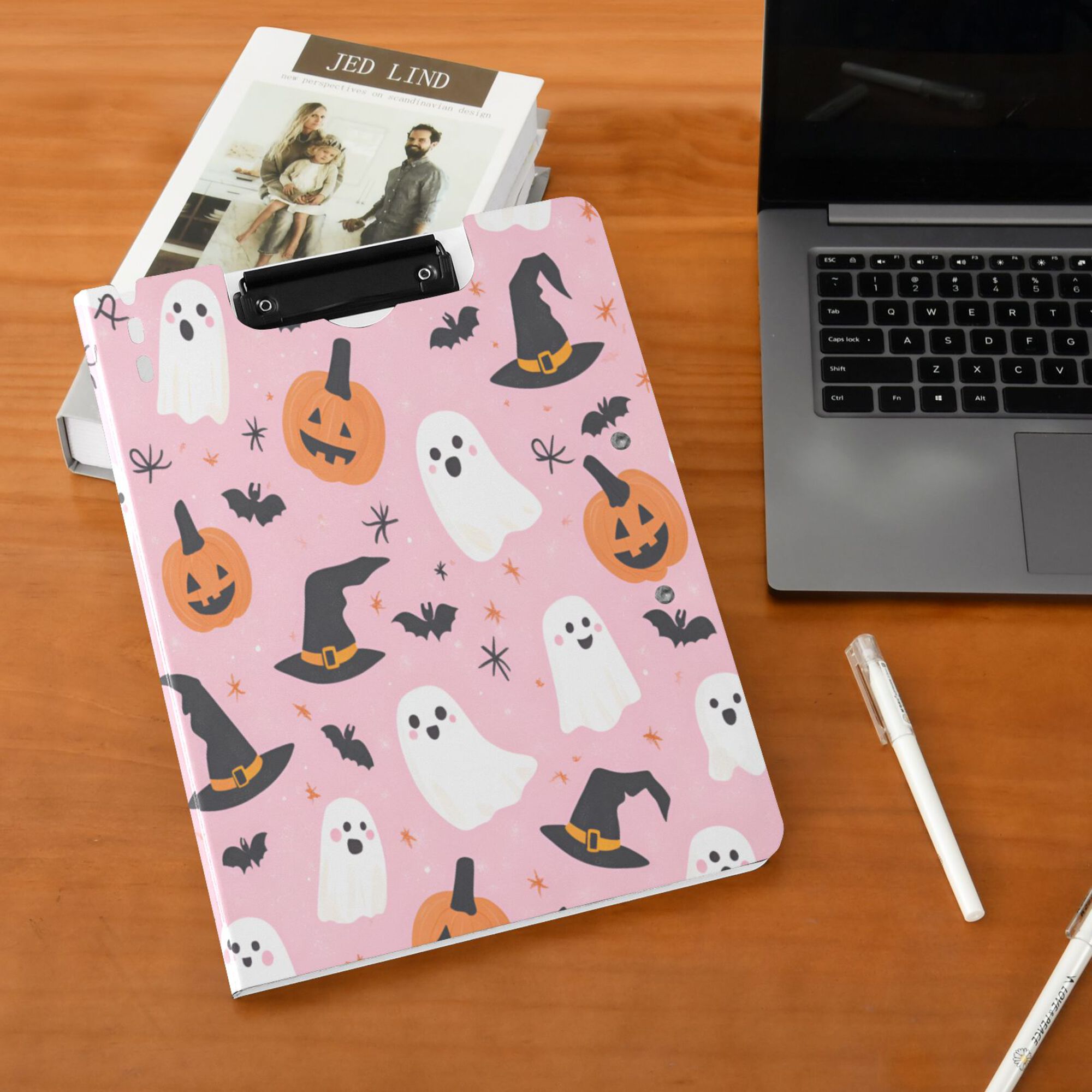 FORMRS A4 Clipboard Folder with Pen Holder Horizontal Foldable School Office Binder, Pink Halloween Ghosts