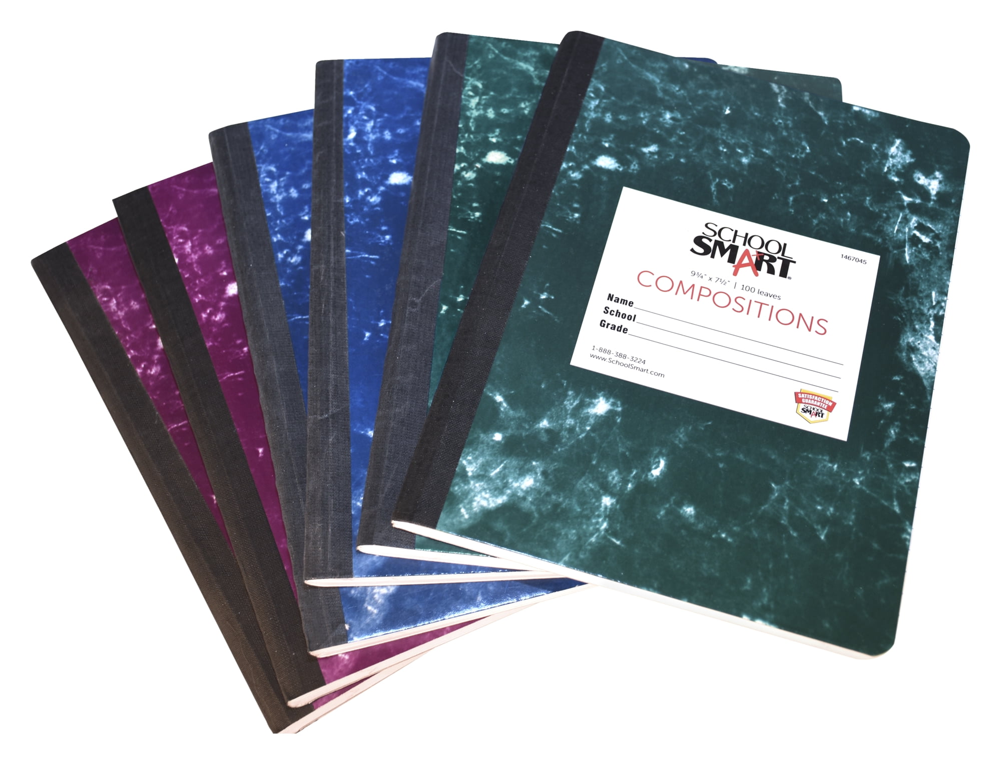 School Smart Marble Composition Book, 9-3/4 x 7-1/2 Inches, 100 Sheets, Assorted Color, Pack of 6
