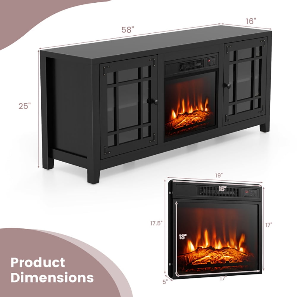 Finihen TV Stand, TV Cabinet, 58 Inch Fireplace TV Stand with Adjustable Shelves for TVs up to 65 Inch, Media Entertainment Center with Storage, for Living Room, Bedroom, Black
