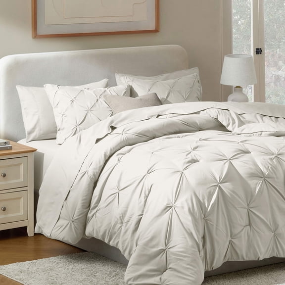 LammaLoe Full Size Comforter Sets, 7 Piece Bed In A Bag Pintuck Bedding Setss ,Off White