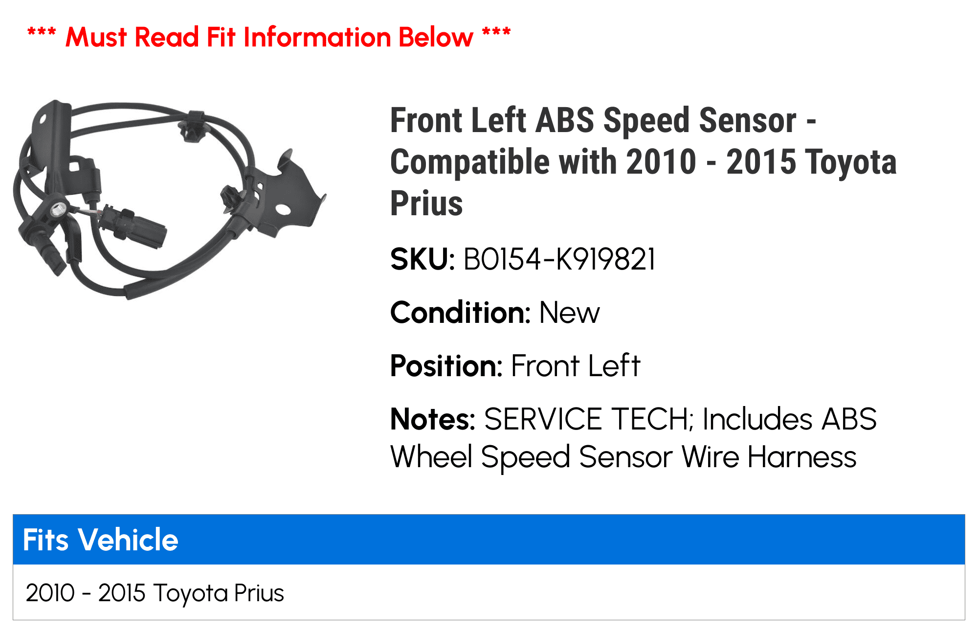 2x ABS Wheel Speed Sensor Front+ X2 Rear Harness L/R Fits Toyota Prius 2010 2015