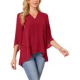 thumbnail image 4 of INSPIRE CHIC Women's High Low Tops Dressy Casual 3/4 Bell Sleeve V Neck Asymmetrical Hem Shirt Chiffon Blouse S Red, 4 of 6