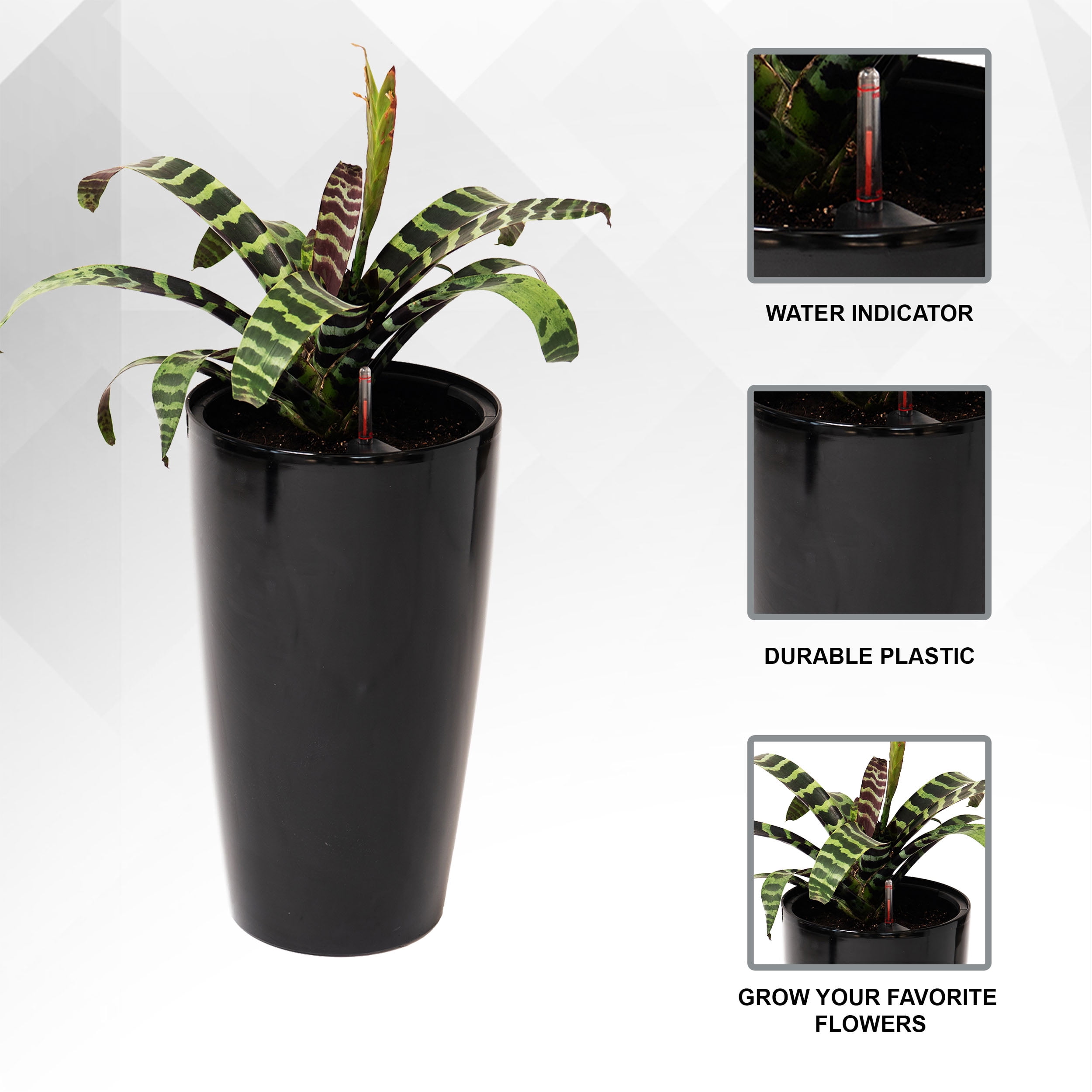 XBrand 21" H Black Plastic Self Watering Indoor Outdoor Tall Round Planter Pot w/Glossy Finish, Decorative Gardening Pot, Home Décor Accent