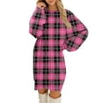 thumbnail image 2 of Women's Casual Dress Long Sleeve Round Neck Plush Flannel Plaid Print Loose Fit Winter Dress for Holiday Season,Hot Pink,M, 2 of 7